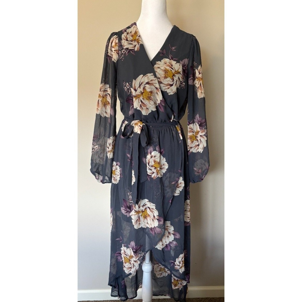 Lily Rose Floral Maxi Dress Long Sleeve Wrap High Low V-Neck Flowy M Party Chic